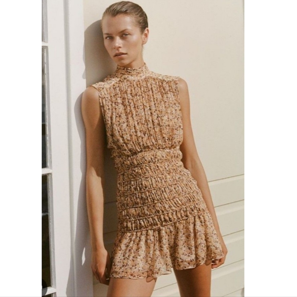 House of Harlow 1960 Shona Joy Colette Mock Neck Smocked Paisley Mini Dress